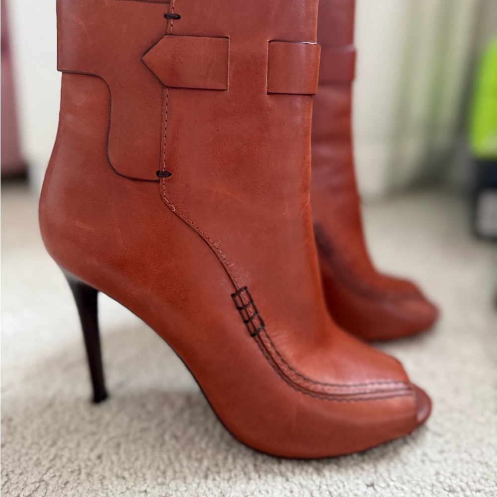 Tory Burch Brown Leather Peep-Toe Boots